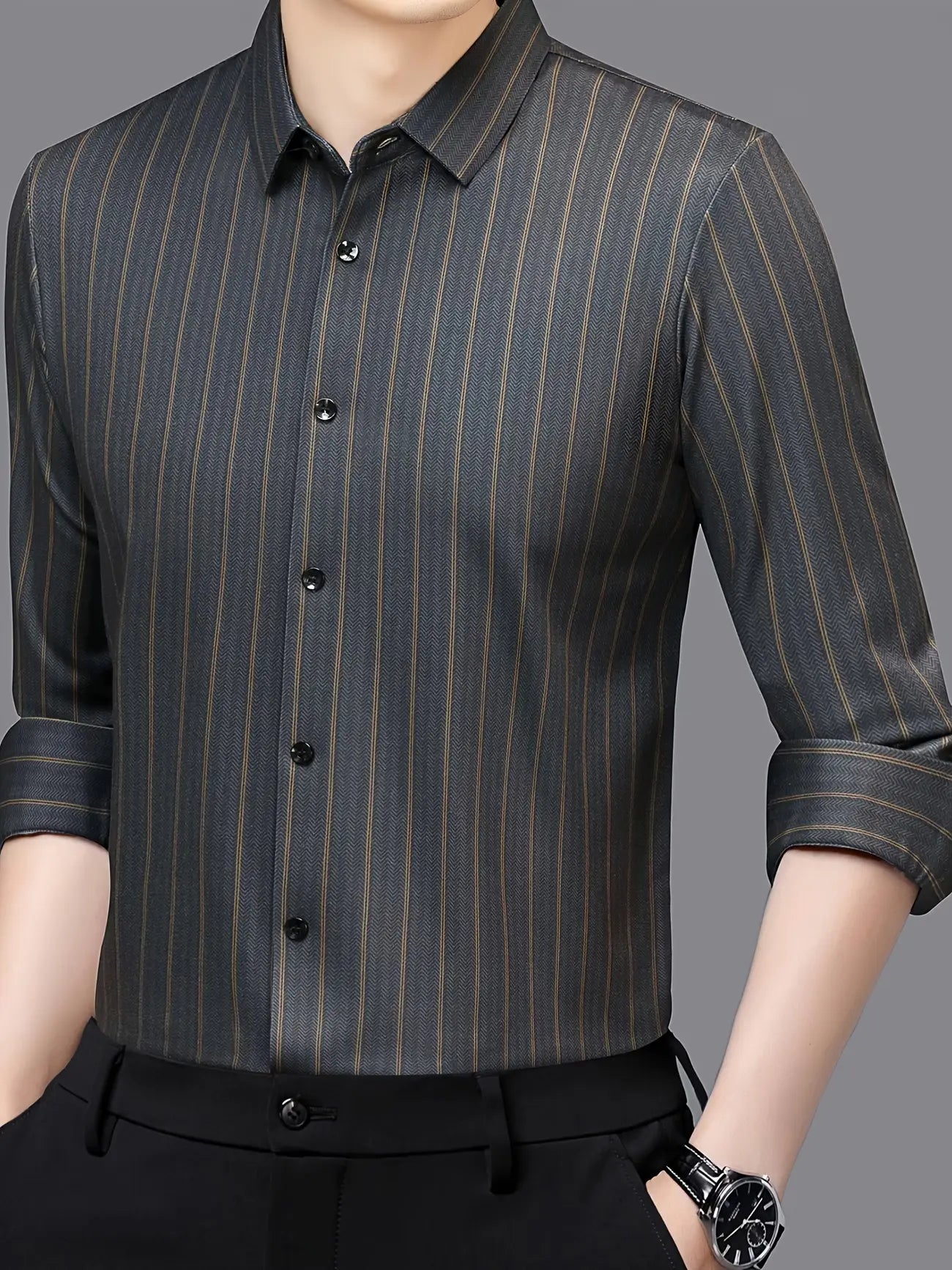 Jiskavi charcoal slate herringbone gold stripe slim fit full sleeve men's formal shirt — front view