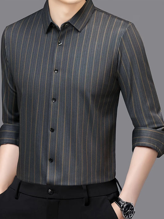 Jiskavi charcoal slate herringbone gold stripe slim fit full sleeve men's formal shirt — front view