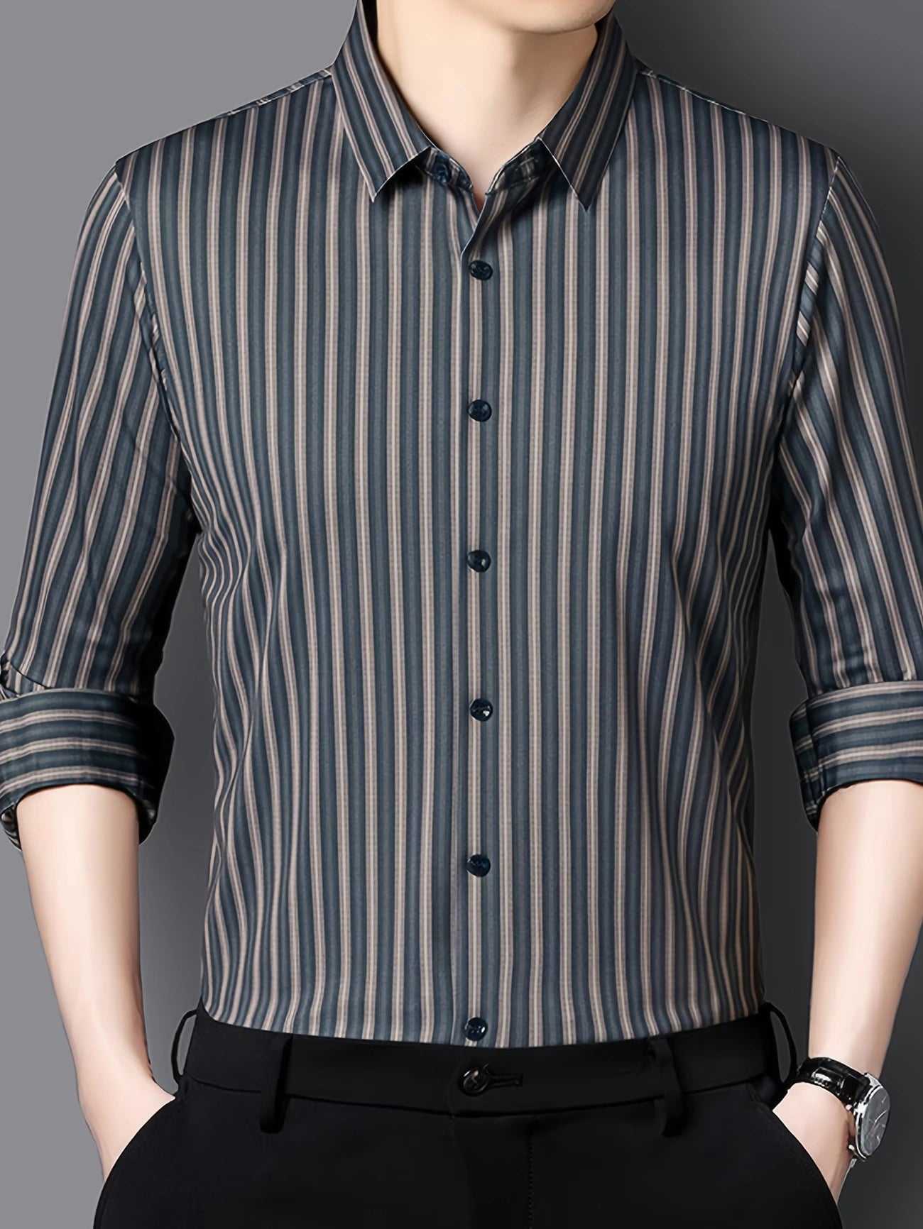 Jiskavi Charcoal Navy Pinstripe Slim Fit Shirt on Model – Front