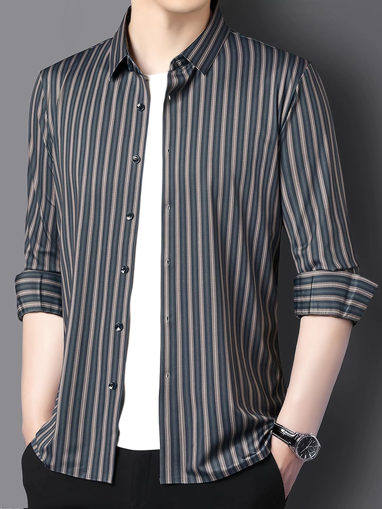 Jiskavi Charcoal Navy Stripe Shirt – Open Layer Style on Model