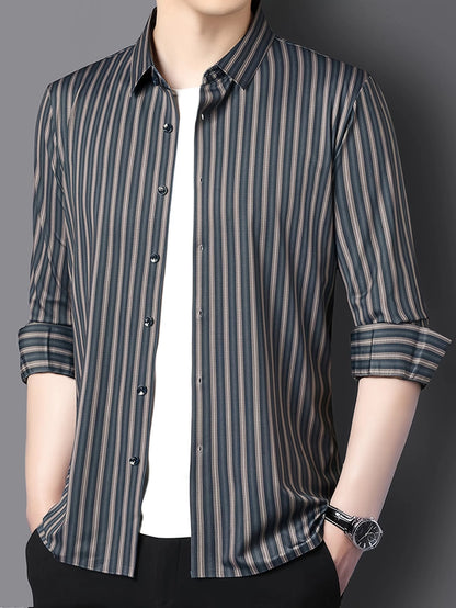 Jiskavi Charcoal Navy Stripe Shirt – Open Layer Style on Model