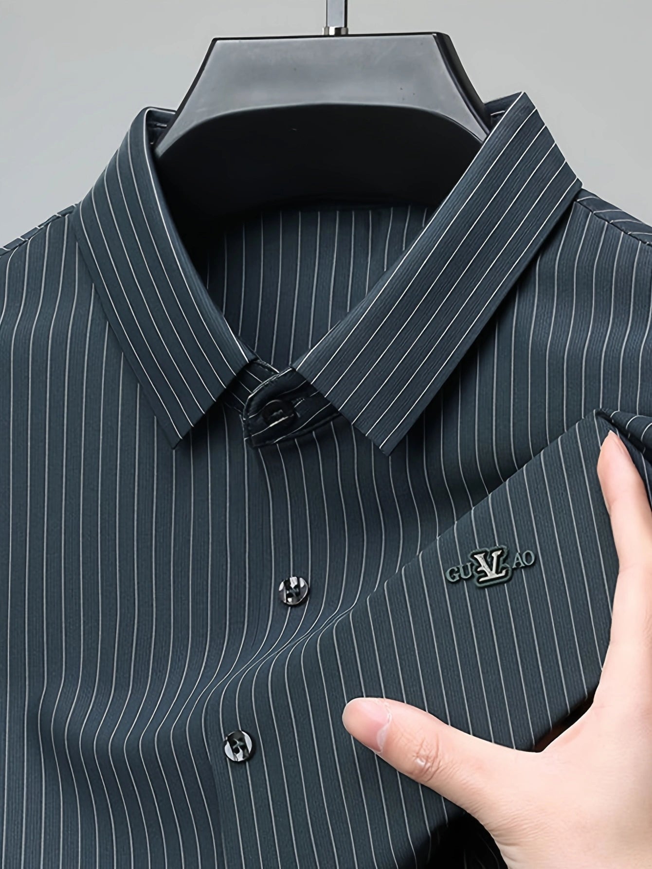 Jiskavi graphite charcoal pinstripe shirt — point collar with collar stays, metal chest badge and dark gunmetal buttons