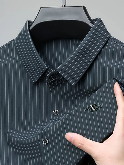 Jiskavi graphite charcoal pinstripe shirt — point collar with collar stays, metal chest badge and dark gunmetal buttons