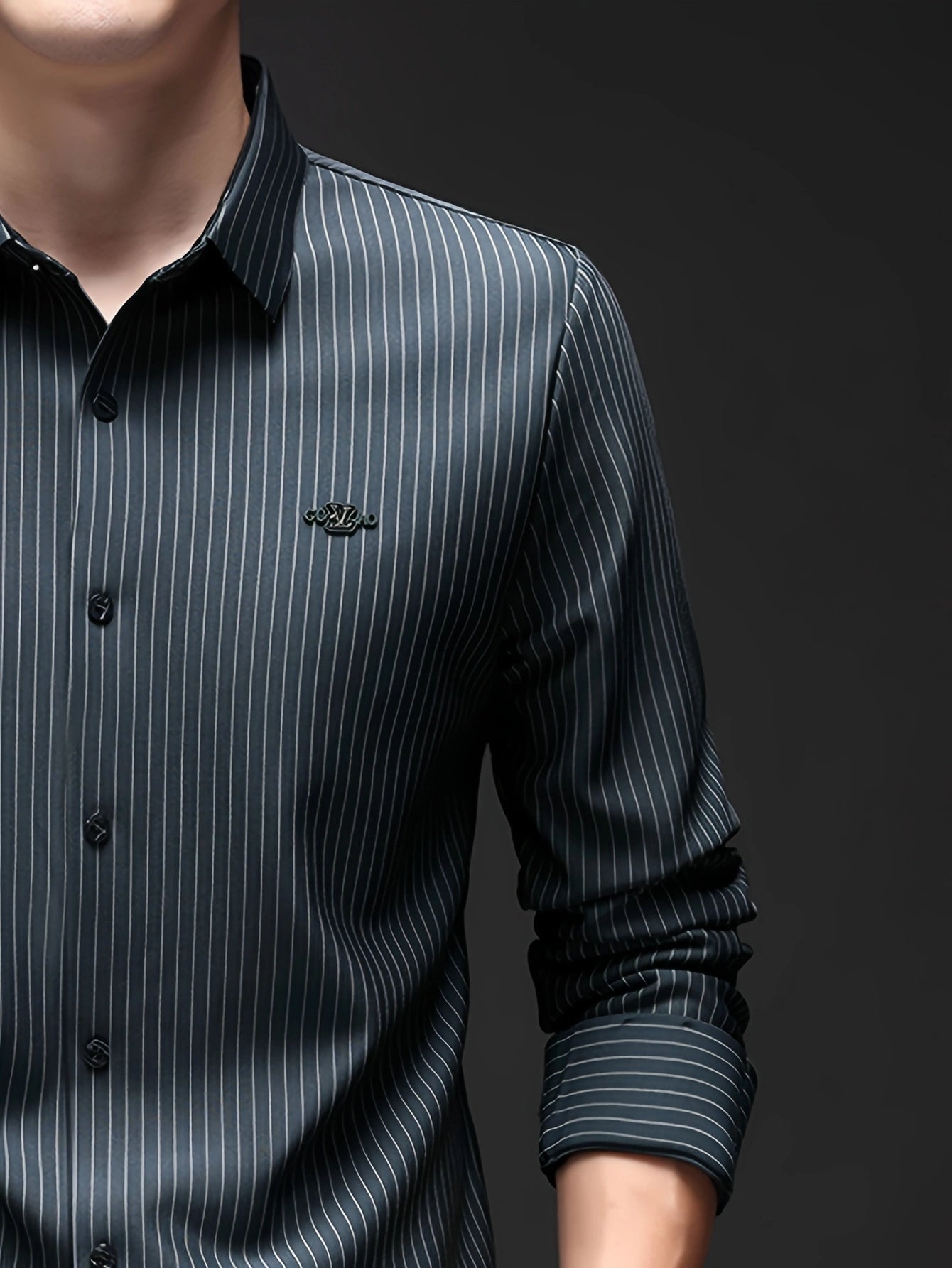 Jiskavi graphite charcoal pinstripe formal shirt — metal emblem badge on left chest clean front panel