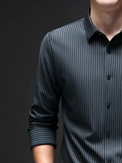 Jiskavi graphite charcoal pinstripe stretch shirt — single button barrel cuff rolled back detail