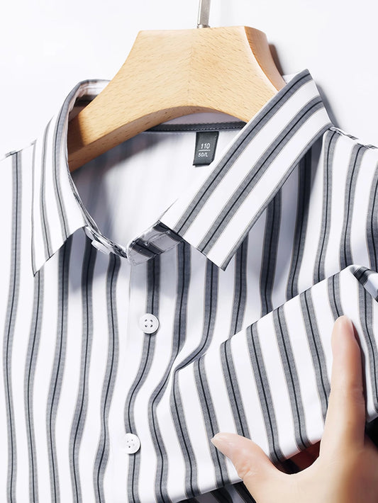 Jiskavi White Stripe Shirt – Collar & Button Closeup