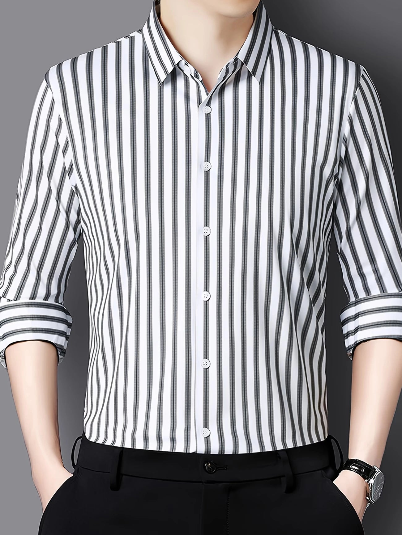 Jiskavi Crisp White Grey Stripe Slim Fit Shirt – Front View