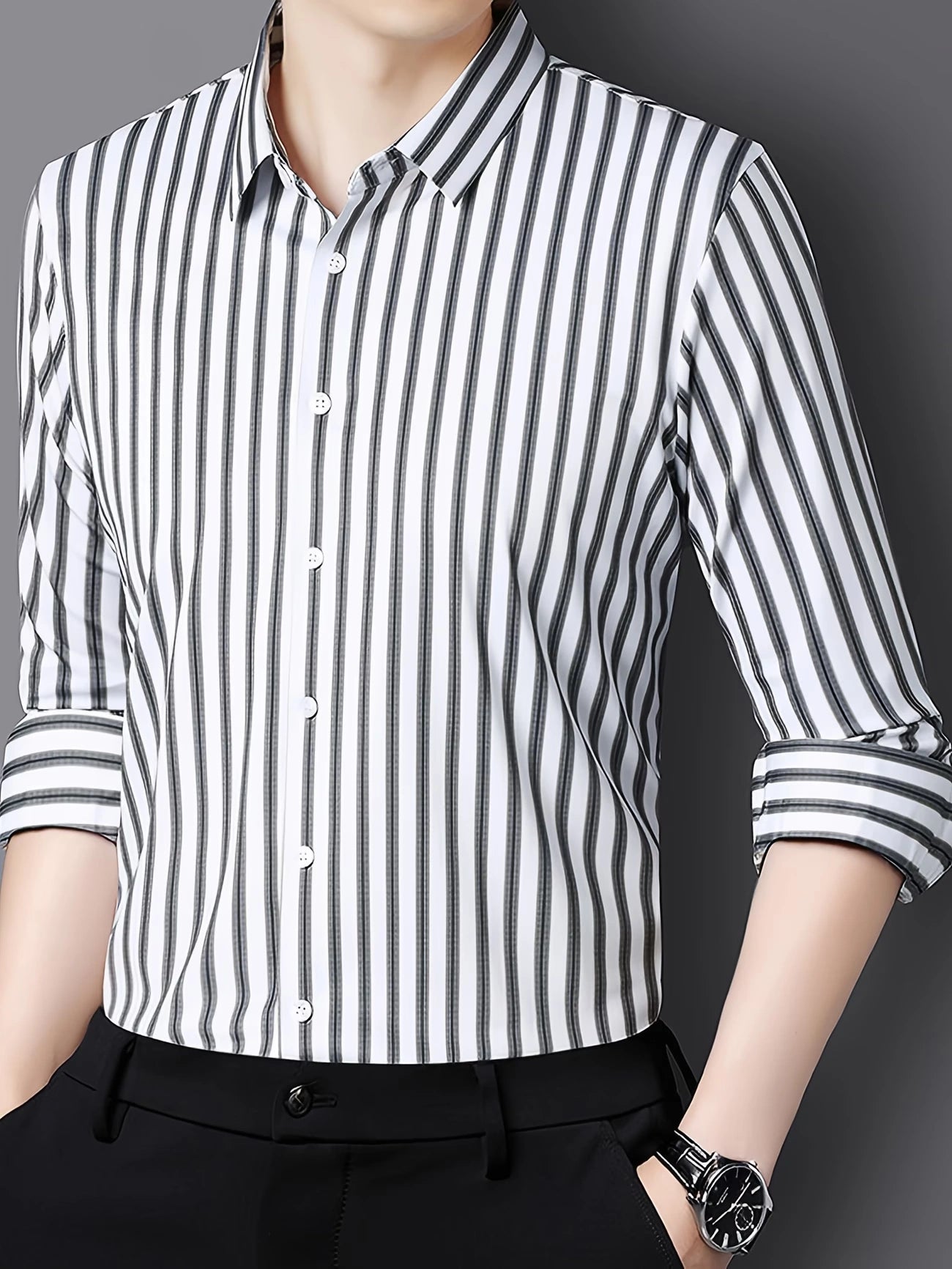 Jiskavi White Stripe Shirt on Model – Full Body