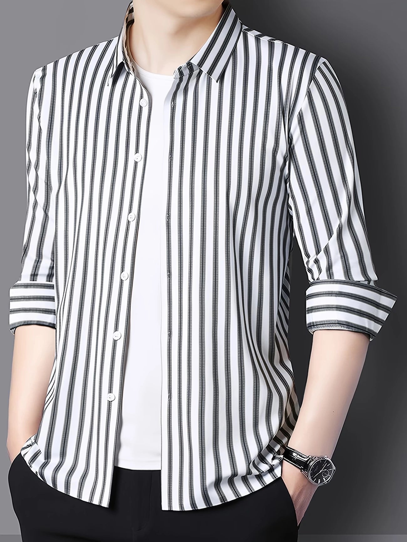 Jiskavi White Grey Stripe Shirt – Open Layer over White Tee