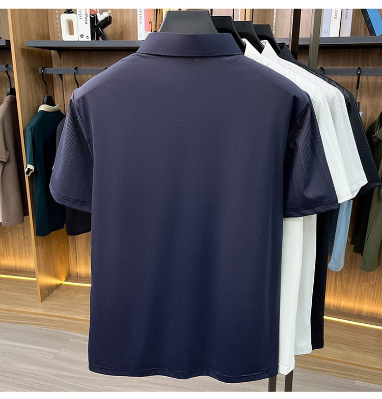 Jiskavi men's deep navy vertical stripe polo T-shirt front view