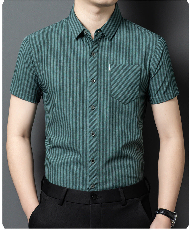 Teal Pinstripe Linen-Feel Short Sleeve Shirt