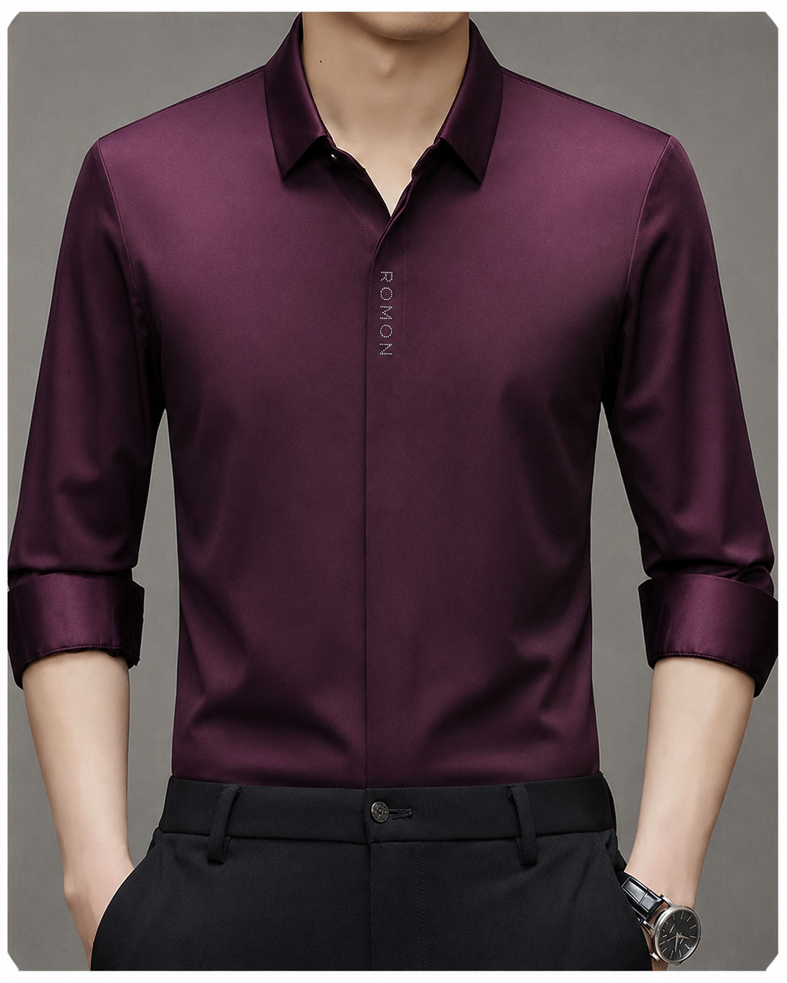 Front view of Jiskavi men's deep wine solid full sleeve stretch formal shirt