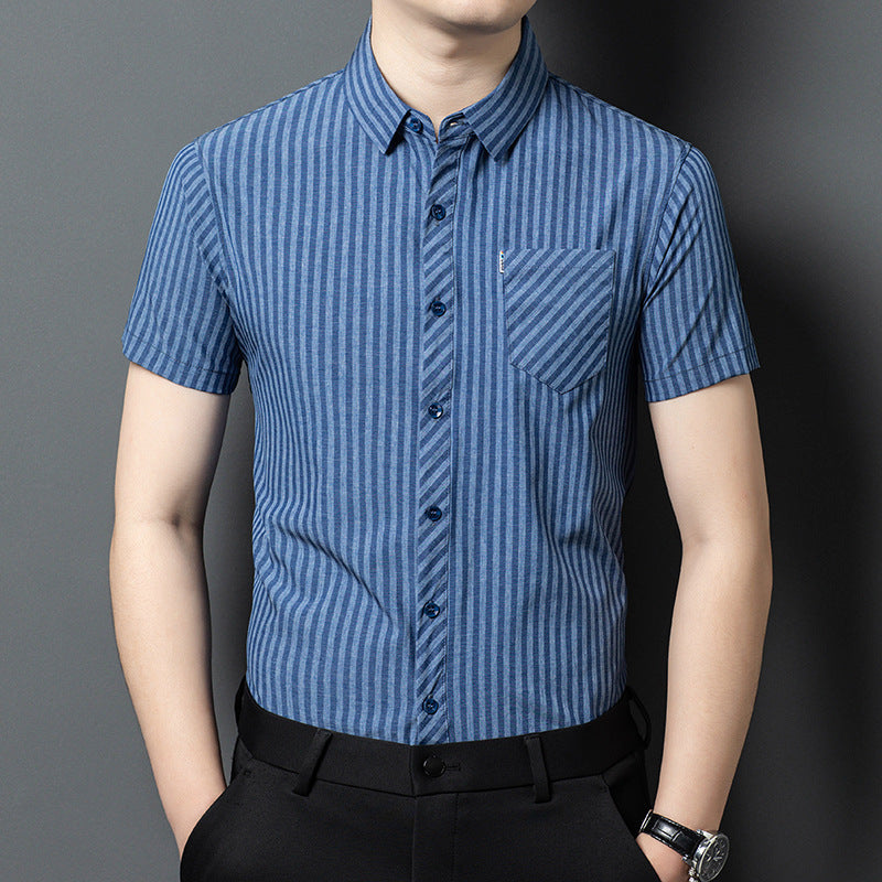 Denim Blue Pinstripe Linen-Feel Short Sleeve Shirt