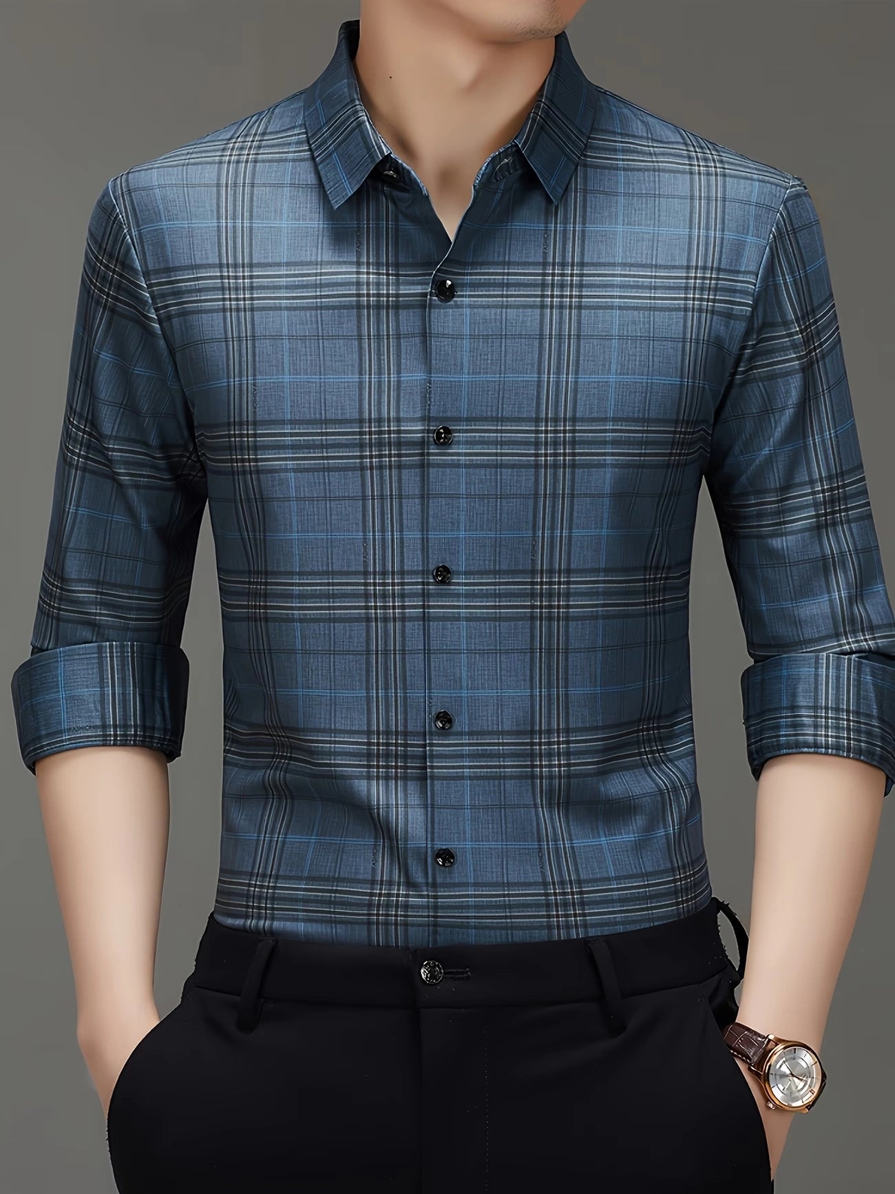 Jiskavi Denim Blue Large Plaid Check Slim Fit Shirt – Front View