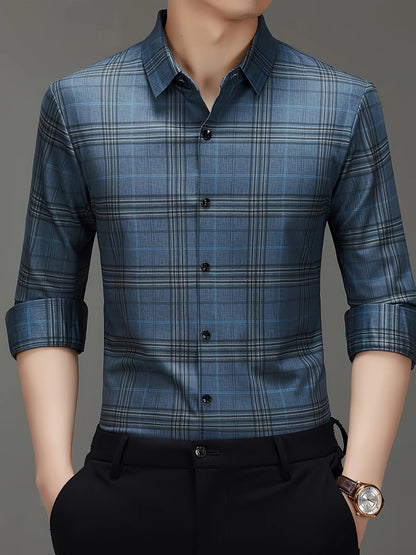 Jiskavi Denim Blue Large Plaid Check Slim Fit Shirt – Front View