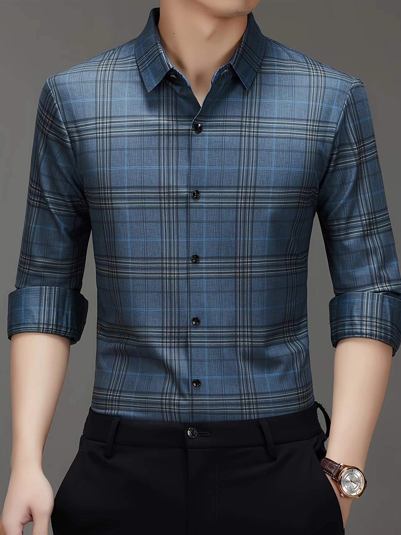 Jiskavi Denim Blue Plaid Shirt on Model – Full Body View