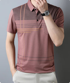 Jiskavi men's dusty rose linear stripe polo T-shirt front view