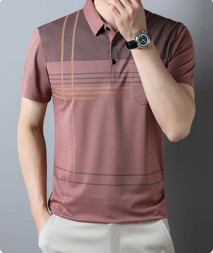 Jiskavi men's dusty rose linear stripe polo T-shirt front view
