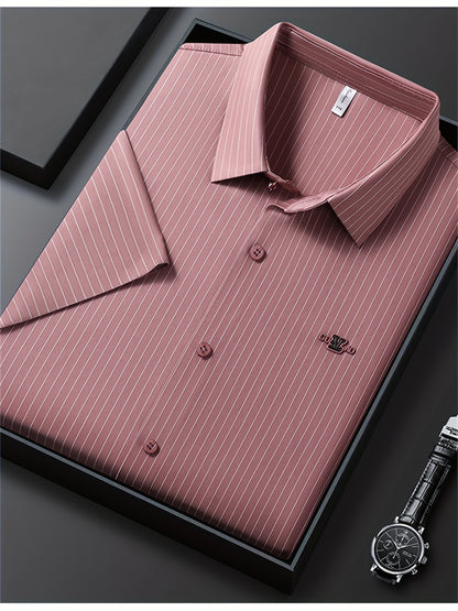 Jiskavi dusty rose vertical stripe half sleeve slim fit shirt — premium flat lay presentation in gift box