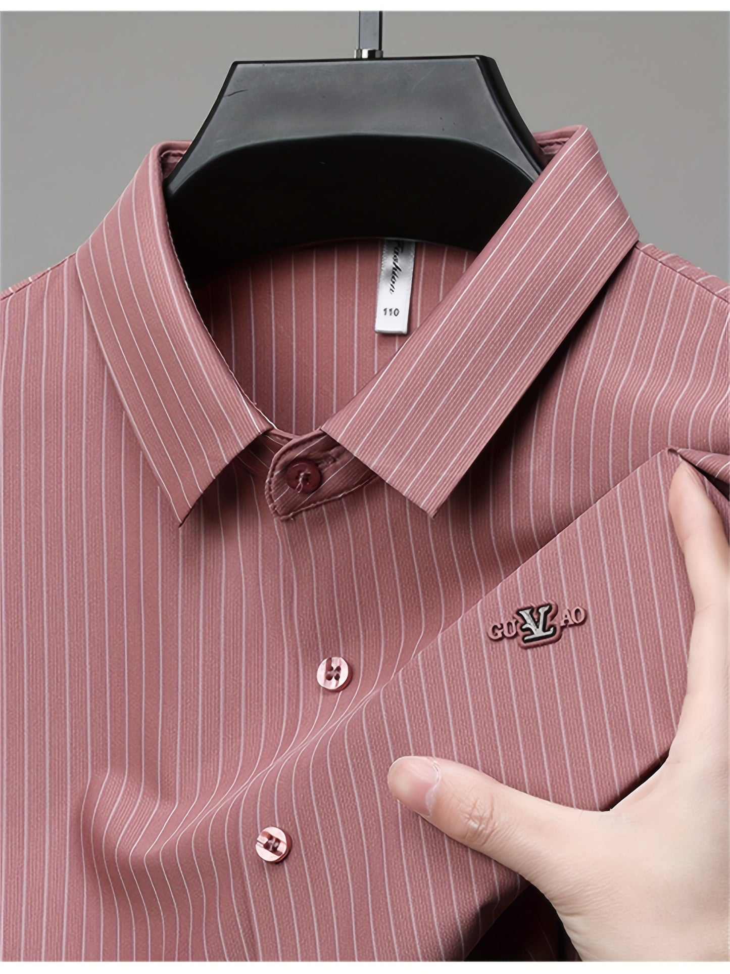 Jiskavi dusty rose vertical stripe slim fit half sleeve shirt — metal chest badge and tonal mauve button detail