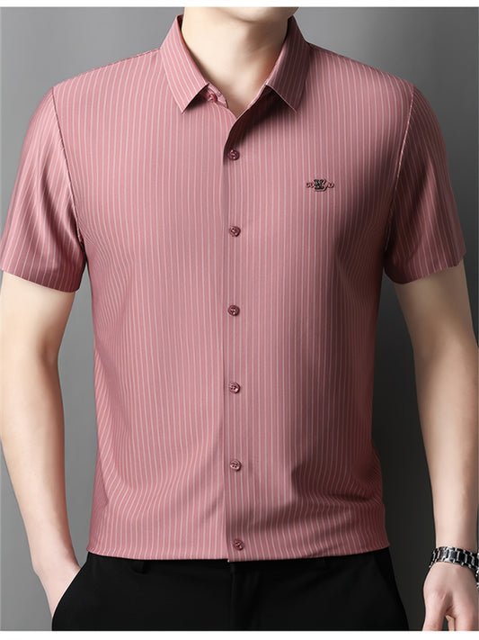 Jiskavi dusty rose vertical stripe stretch cotton half sleeve slim fit shirt — front view on model