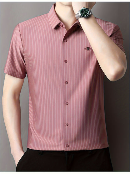 Jiskavi dusty rose stripe half sleeve slim fit stretch cotton shirt — lifestyle shot on model