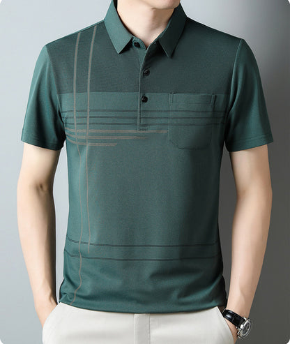 Jiskavi men's forest green linear stripe polo T-shirt front view