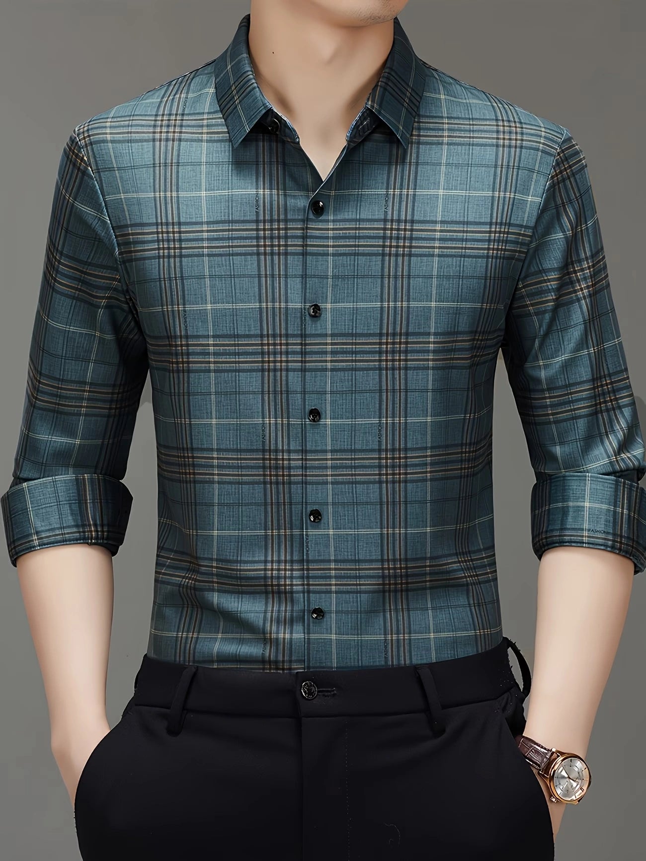 Jiskavi Forest Teal Plaid Check Shirt on Model – Front View