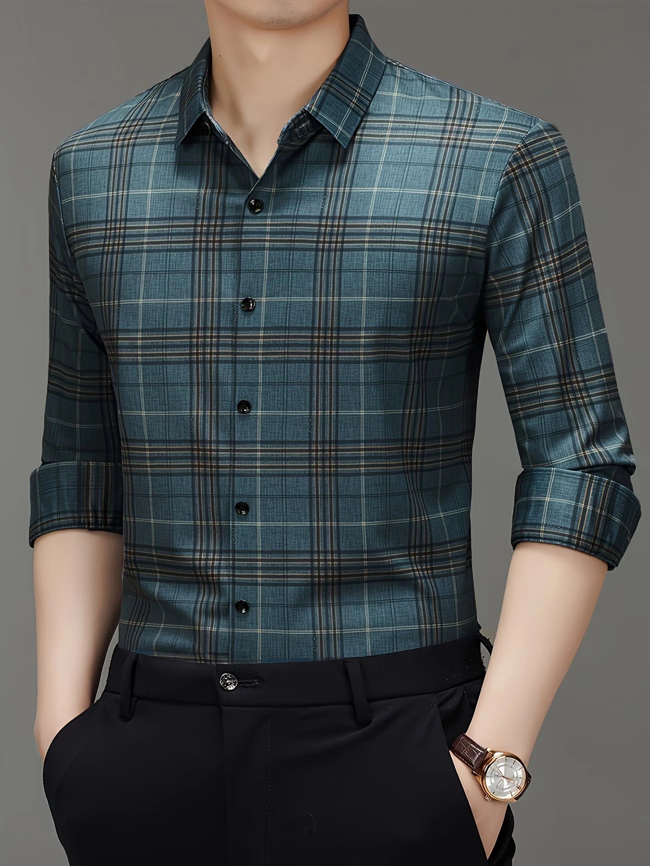 Jiskavi Forest Teal Slim Fit Plaid Check Shirt – Full Body View