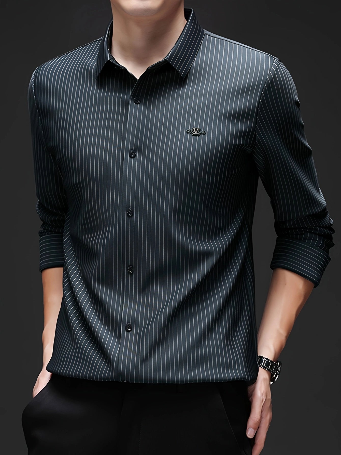 Jiskavi graphite charcoal slim fit full sleeve pinstripe stretch shirt — full front view