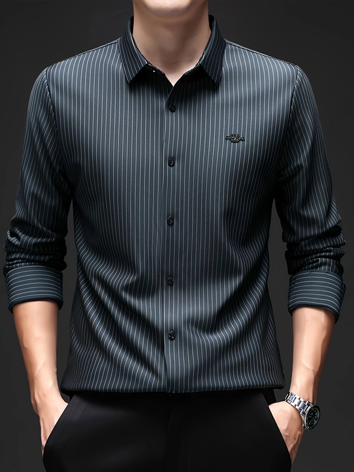 Jiskavi graphite charcoal silver pinstripe slim fit full sleeve men's formal shirt — front view