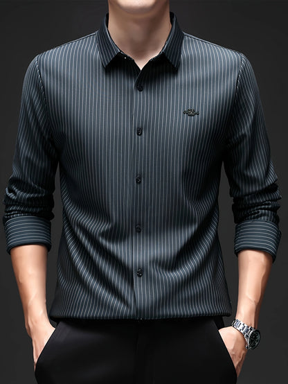 Jiskavi graphite charcoal silver pinstripe slim fit full sleeve men's formal shirt — front view