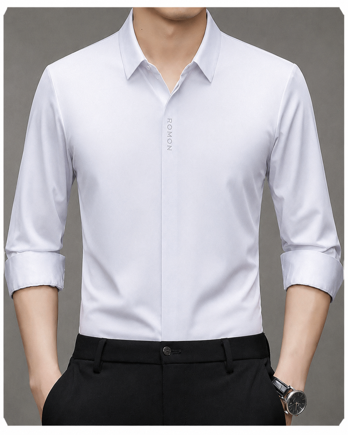 Front view of Jiskavi men's ice grey solid full sleeve stretch formal shirt