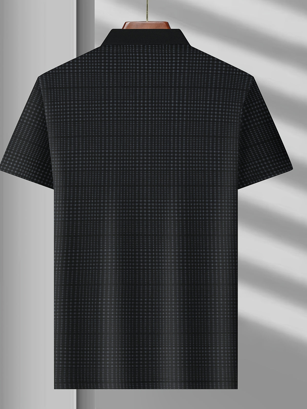 Back view of Jiskavi men's jet black micro check short sleeve polo T-shirt