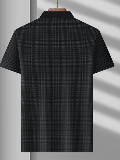 Back view of Jiskavi men's jet black micro check short sleeve polo T-shirt
