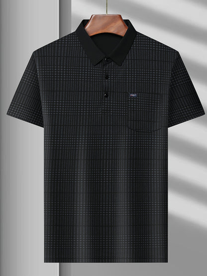 Jiskavi men's jet black micro check half sleeve polo T-shirt front on hanger