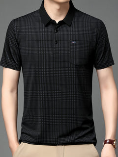 Jiskavi men's jet black micro check short sleeve polo T-shirt front model view