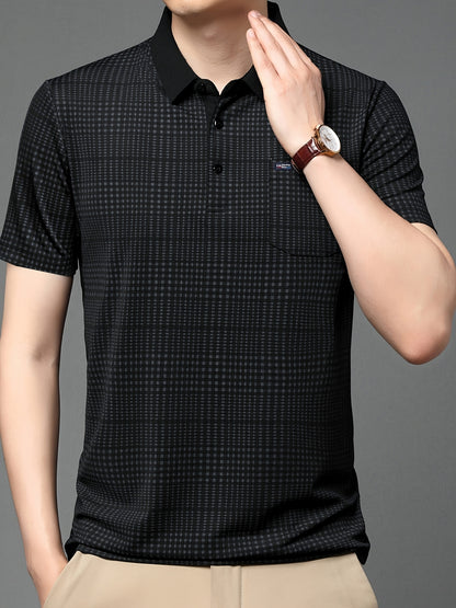 Jiskavi men's jet black micro check polo T-shirt model showing collar and chest pattern