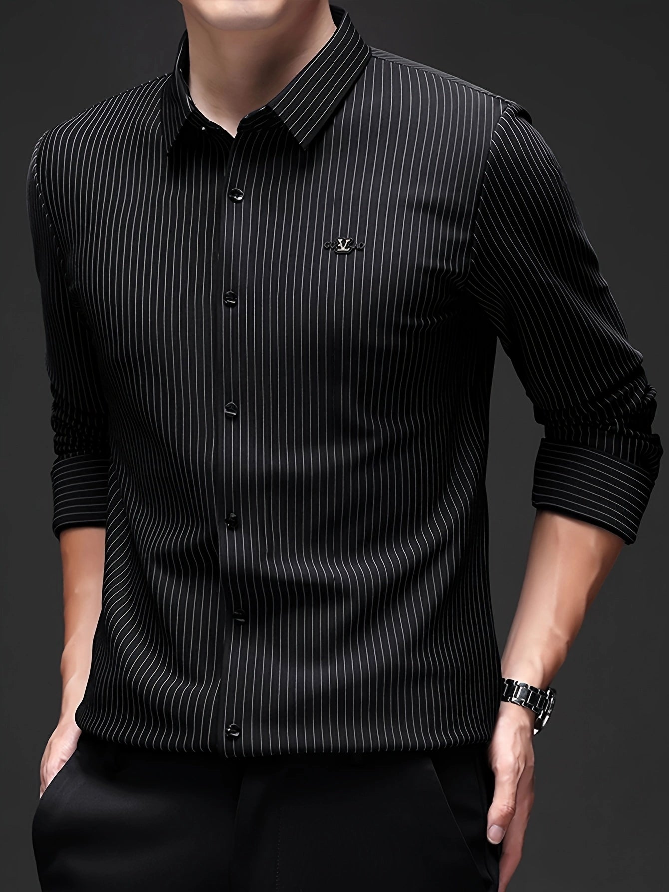 Jiskavi black chalk pinstripe slim fit full sleeve stretch shirt — full front view