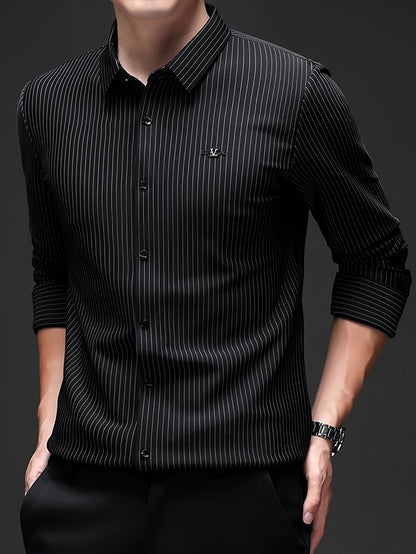 Jiskavi black chalk pinstripe slim fit full sleeve stretch shirt — full front view