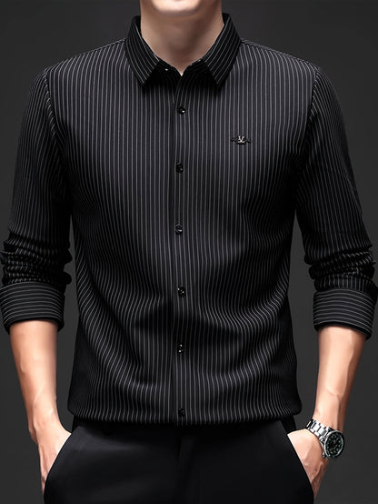 Jiskavi jet black pinstripe slim fit full sleeve men's formal shirt — front view