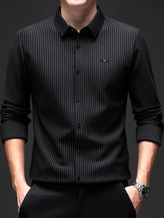 Jiskavi jet black pinstripe slim fit full sleeve men's formal shirt — front view