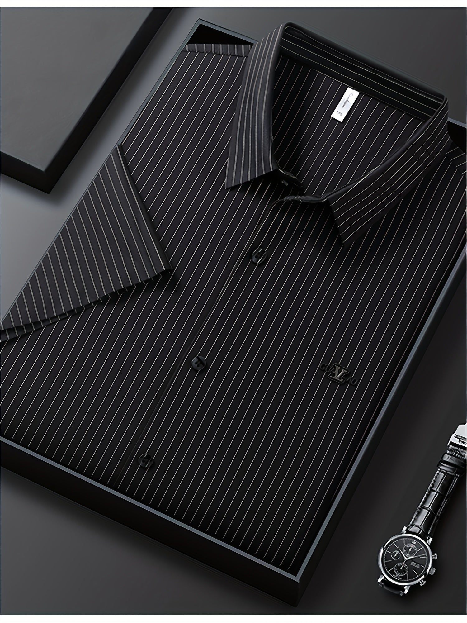 Jiskavi jet black silver pinstripe half sleeve slim fit shirt — premium flat lay presentation in gift box