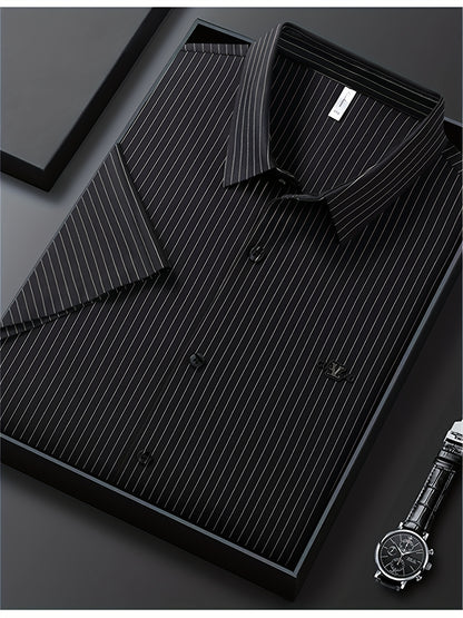 Jiskavi jet black silver pinstripe half sleeve slim fit shirt — premium flat lay presentation in gift box