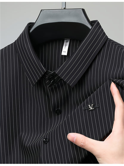 Jiskavi jet black silver pinstripe slim fit half sleeve shirt — metal chest badge and tonal black button detail