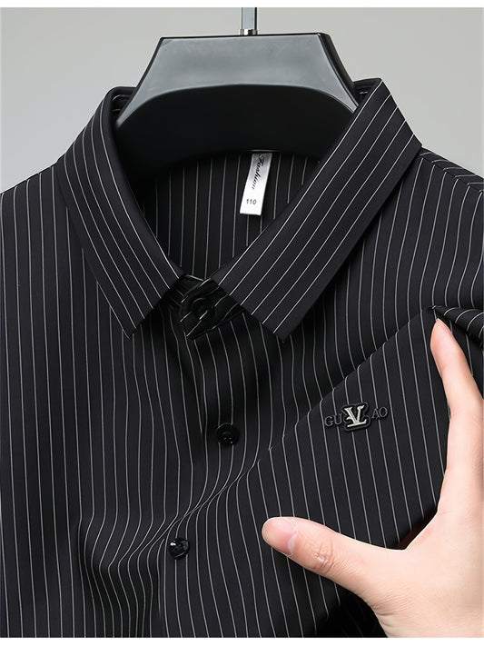 Jiskavi jet black silver pinstripe slim fit half sleeve shirt — metal chest badge and tonal black button detail