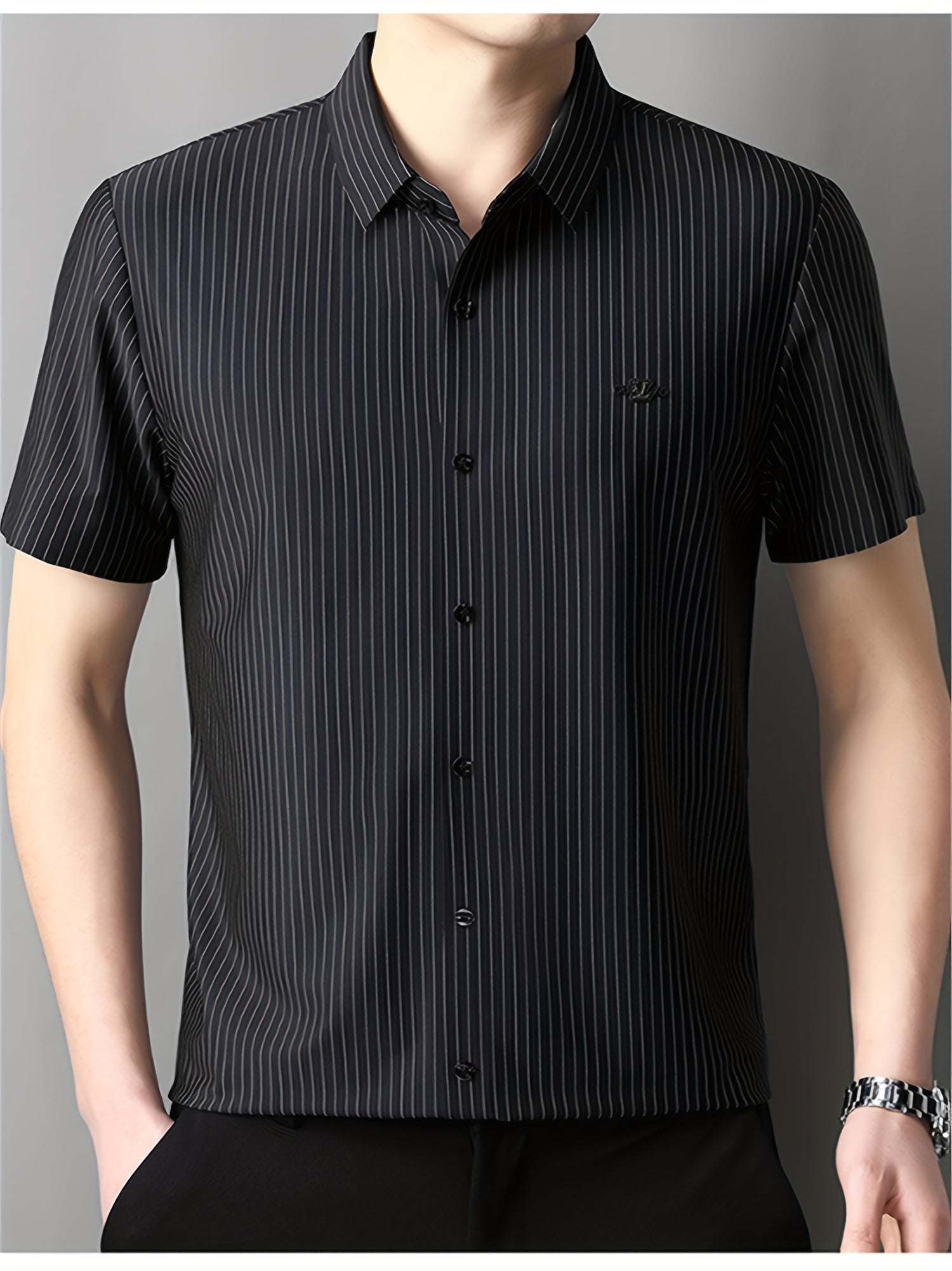 Jiskavi jet black silver pinstripe slim fit half sleeve men's shirt — clean fit view on model