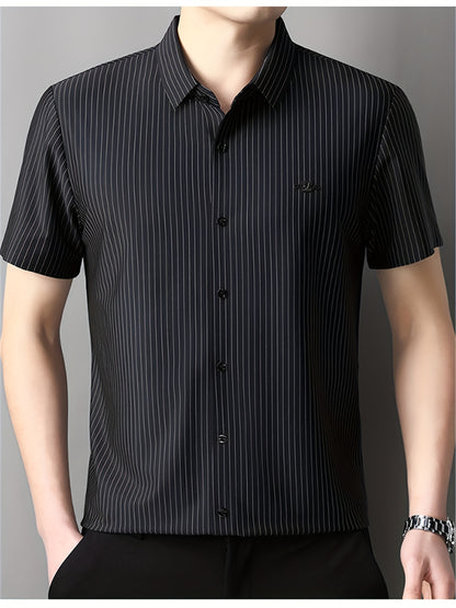 Jiskavi jet black silver pinstripe slim fit half sleeve men's shirt — clean fit view on model