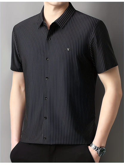 Jiskavi jet black vertical pinstripe stretch cotton half sleeve slim fit shirt — front view on model