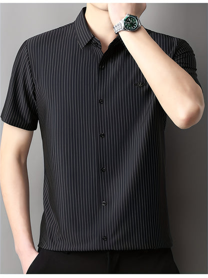 Jiskavi jet black stripe half sleeve slim fit stretch cotton shirt — lifestyle shot on model
